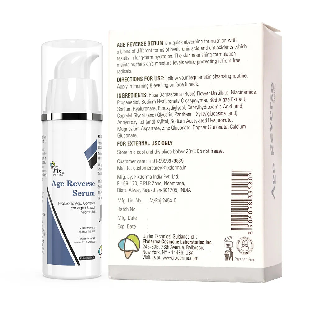 Back view of Fixderma Age Reverse Serum's outer pack