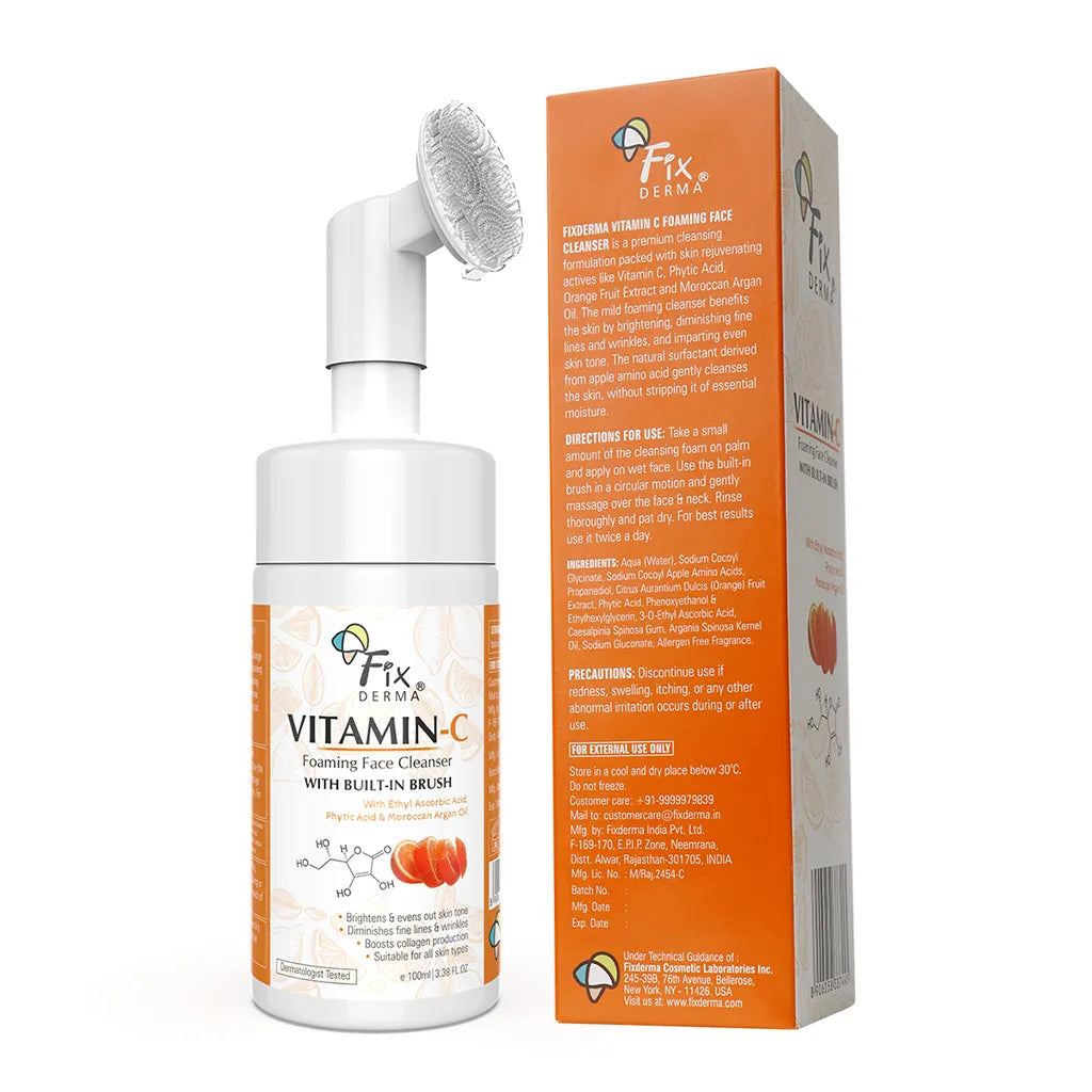 Back view of Fixderma Vitamin C Foaming Face Cleanser's outer box with the cleanser