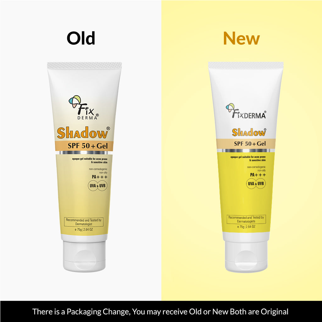 Old and new packaging of Shadow Sunscreen SPF 50+Gel