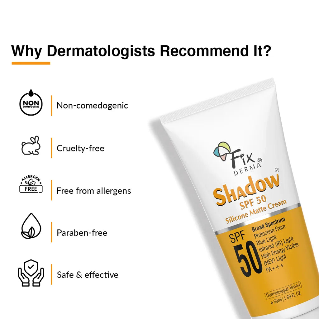 Hand applying white cream on the back of the other hand, with text on the left detailing who the  Shadow Sunscreen For Oily Skin SPF 50 Silicone Matte Cream is ideal for