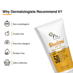 Hand applying white cream on the back of the other hand, with text on the left detailing who the  Shadow Sunscreen For Oily Skin SPF 50 Silicone Matte Cream is ideal for