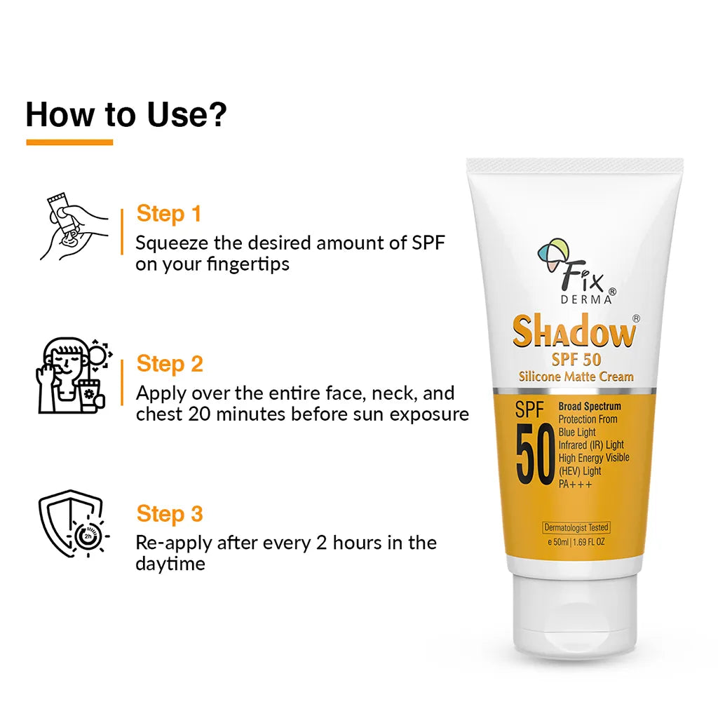 Hands holding a tube of Fixderma Shadow Sunscreen For Oily Skin SPF 50 Silicone Matte Cream showing the key ingredients