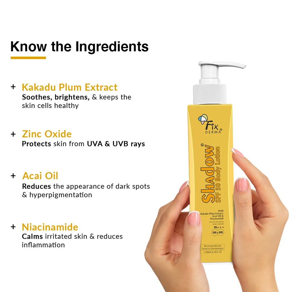 Hands holding a pump bottle of Fixderma Shadow SPF 50 Body Lotion showing the key ingredients