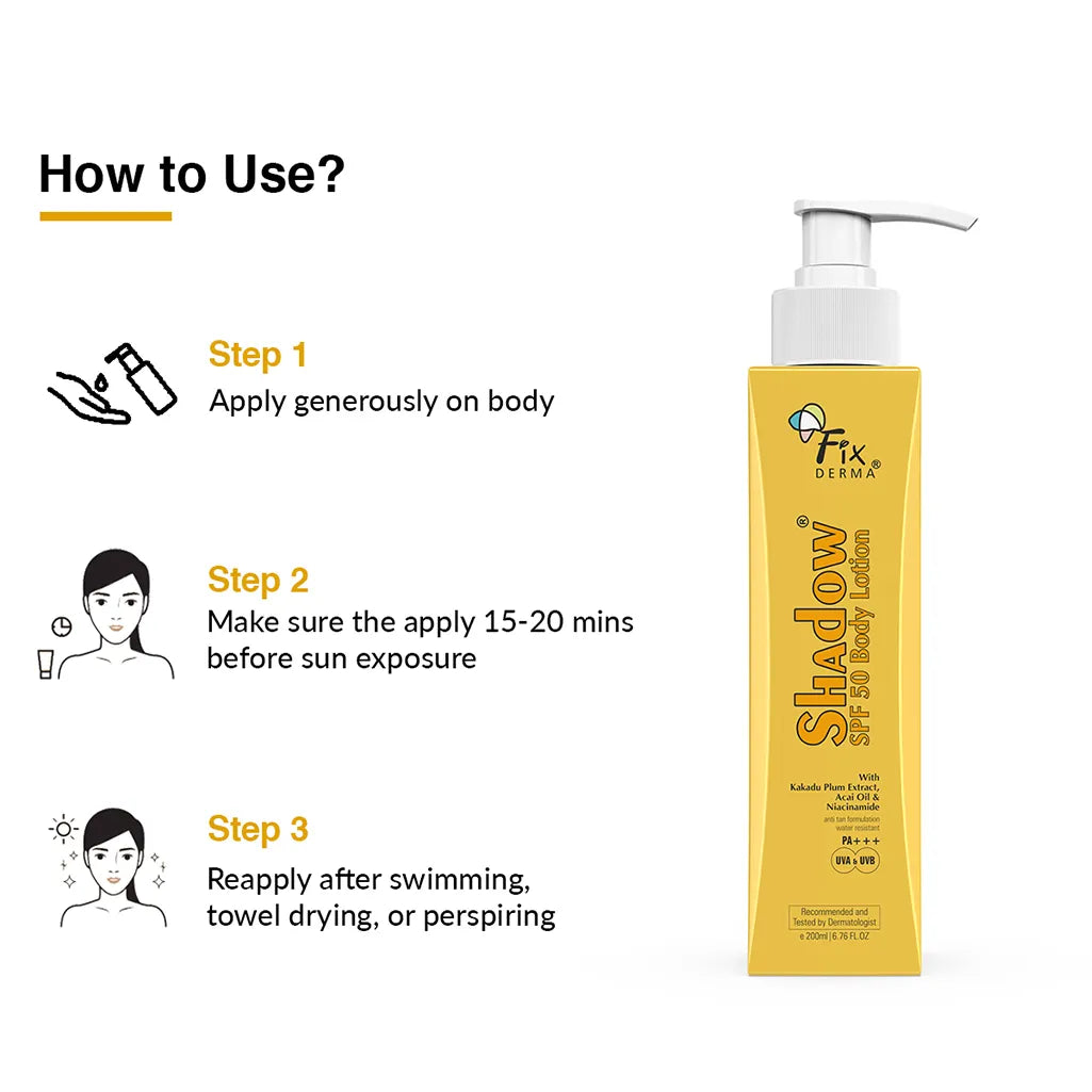 Pump bottle of Fixderma Shadow SPF 50 Body Lotion with text on the left explaining usage instructions