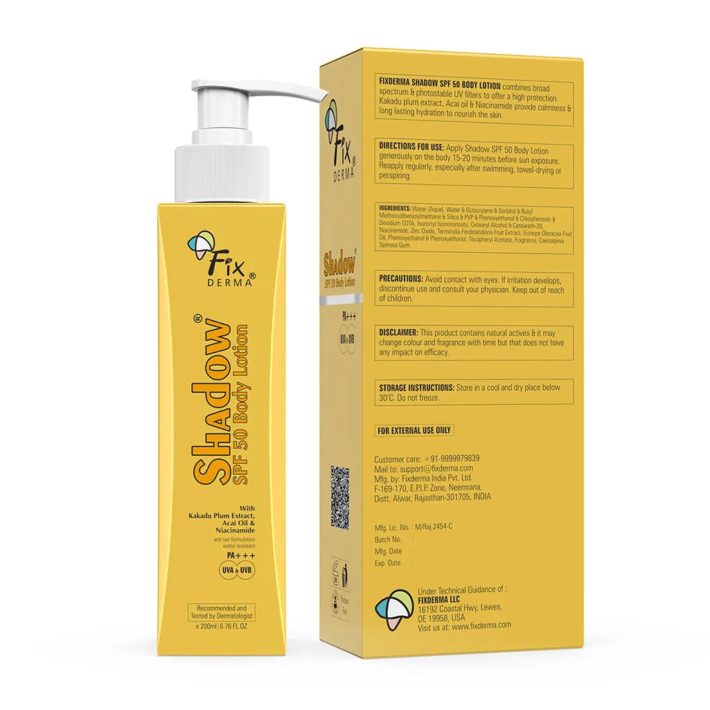 Pump bottle of Fixderma Shadow SPF 50 Body Lotion next to its box