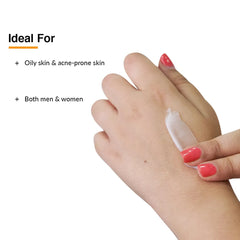 Hand applying white cream on the back of the other hand, with text on the left detailing who the  Shadow Sunscreen For Oily Skin SPF 50 Silicone Matte Cream is ideal for