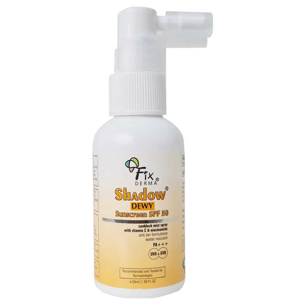 Spray bottle of Fixderma Shadow Dewy SPF 50 Sunscreen in a white background