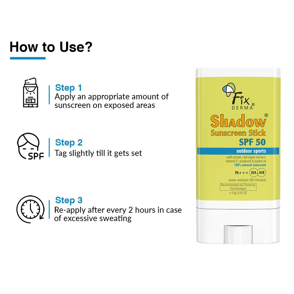 Usage instructions for Fixderma Shadow Sunscreen Stick SPF 50