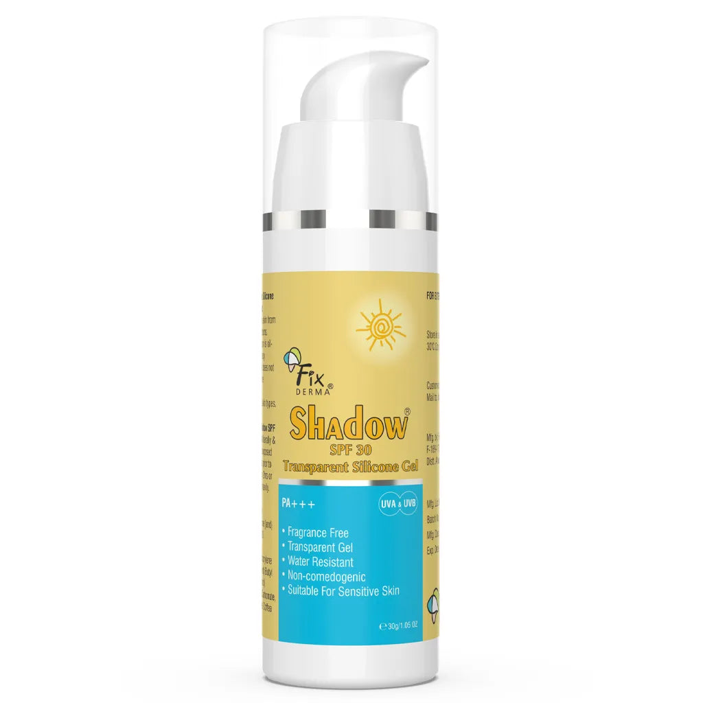 30gm Bottle of Fixderma Shadow Sunscreen SPF 30 Transparent Silicone Gel, placed against a white background