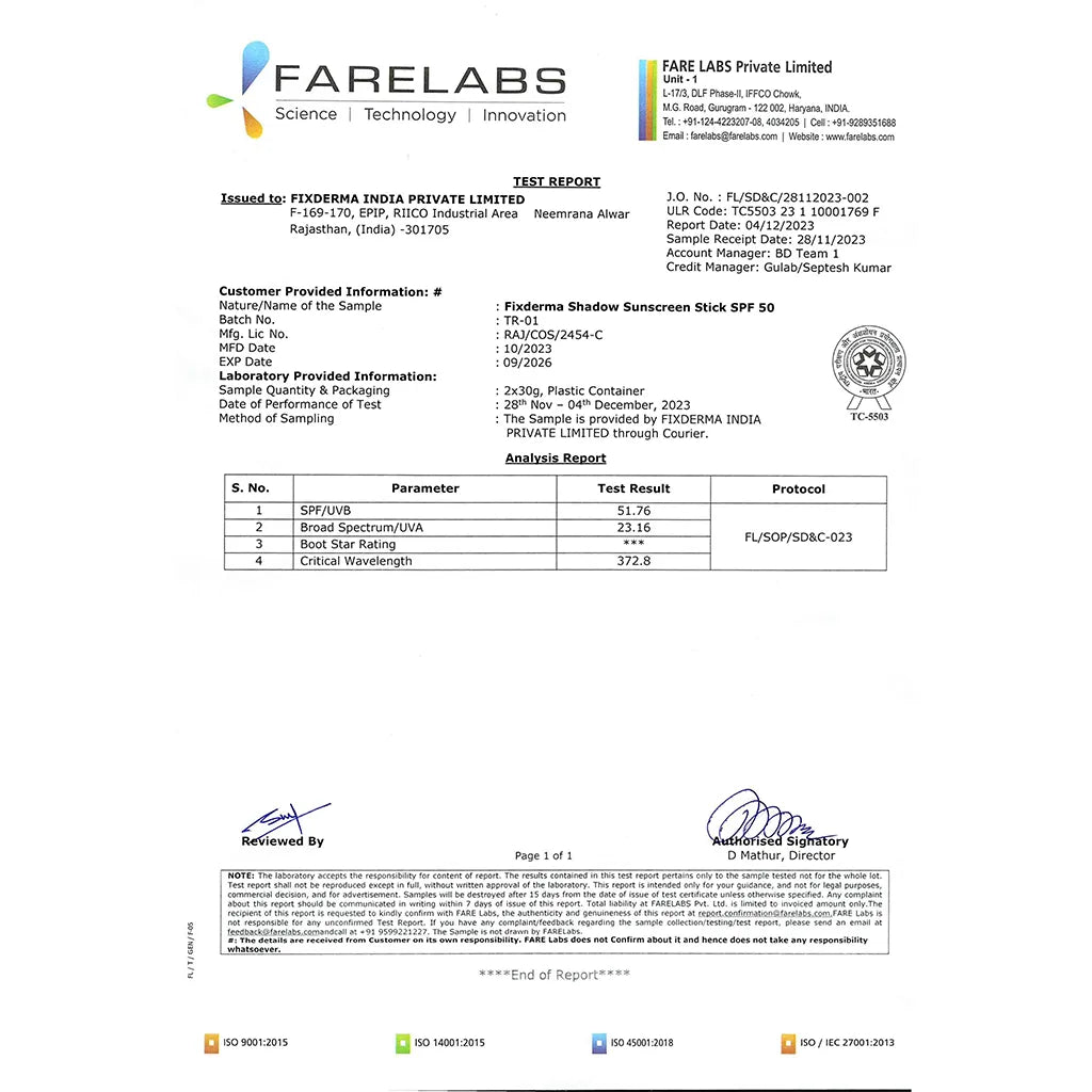 Clinically tested, Lab verification Report of Fixderma Shadow Sunscreen Stick SPF 50