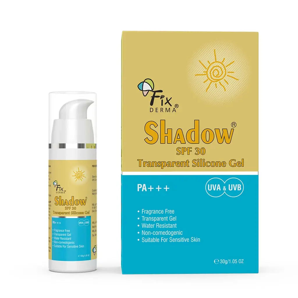 Bottle of Shadow Sunscreen SPF 30 Transparent Silicone Gel next to its box