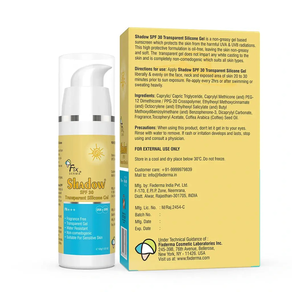 Back view of Fixderma Shadow Sunscreen SPF 30 Transparent Silicone Gel