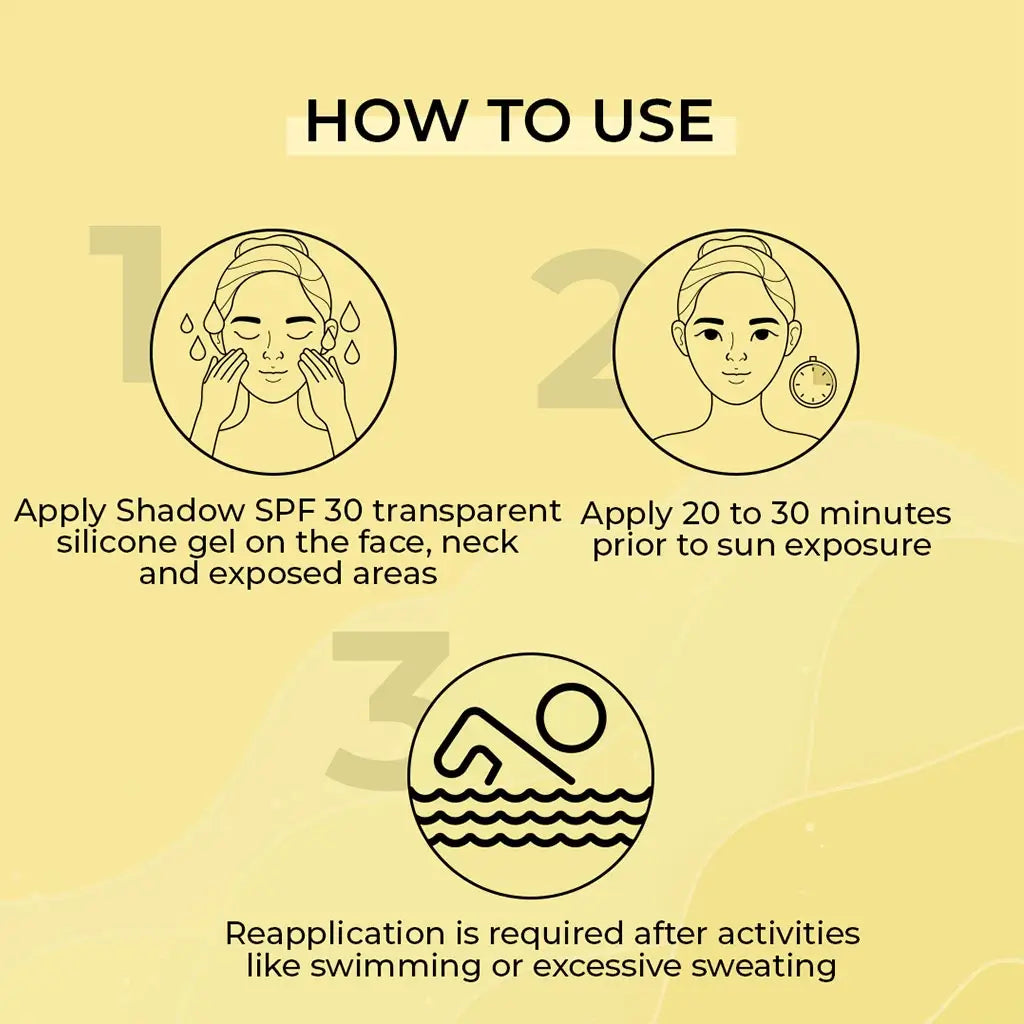 Usage instructions for Shadow Sunscreen SPF 30 Transparent Silicone Gel