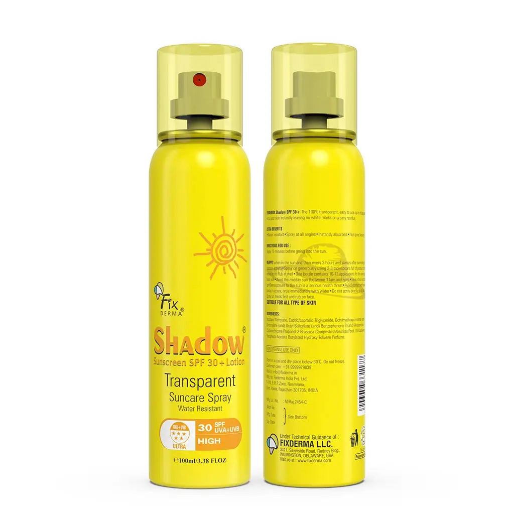 Front & back view of Shadow Sunscreen SPF 30+ Lotion Transparent Suncare spray bottle